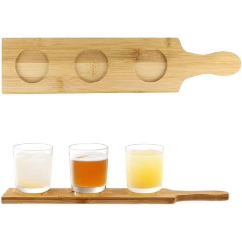 3 Slots Bamboo Beer Tasting Serving Flight Shot Glass Carrying Board