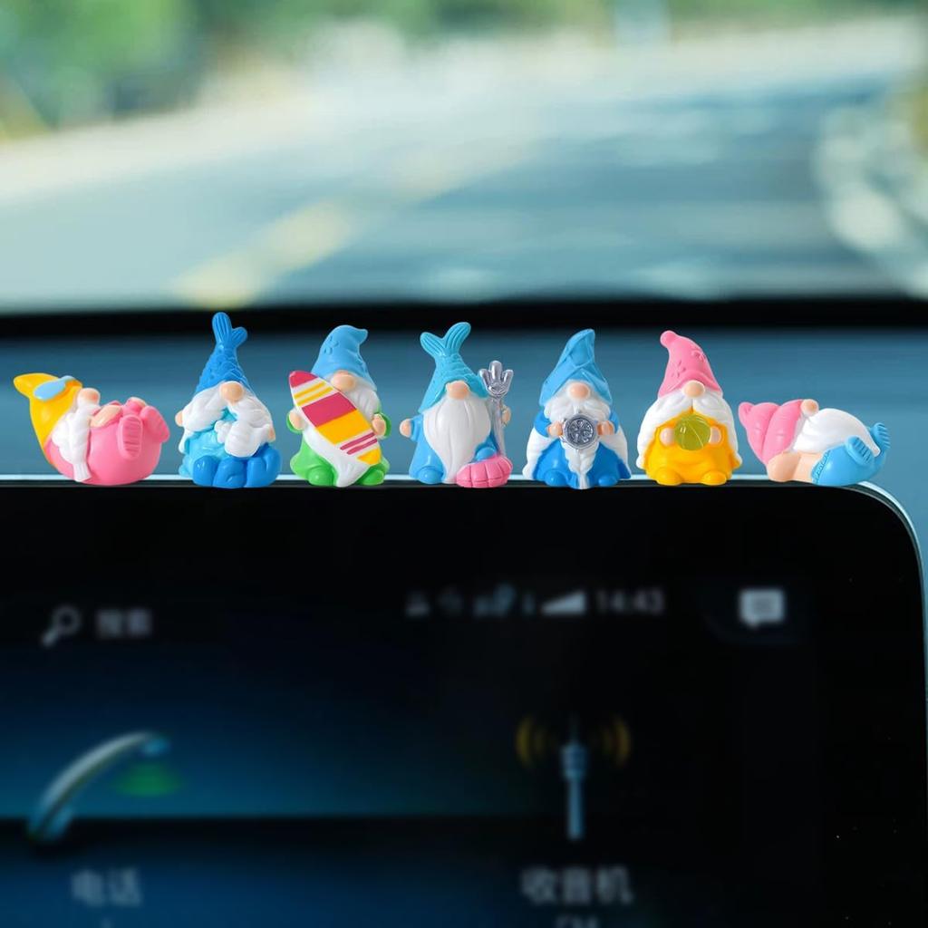 Set of 7 Mini Resin Beach Gnomes Cute Car Accessories, Funny Car Rear View Mirror & Dashboard Decorations, Adorable Auto Interior Ornaments