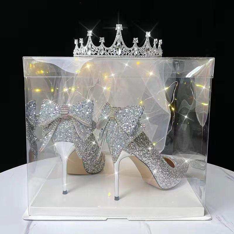 French Pointy Shallow Mouth Temperament Elegant Sequin Bow High Heels Women's Fine Heel Pearl Line with A Single Shoe