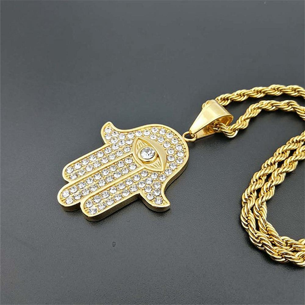 Pendentif Œil Turc Main de Fatima Couleur Or Acier Inoxydable Palmier Iced Out Amulette Collier Pour Hommes Femmes Bijoux Cadeau