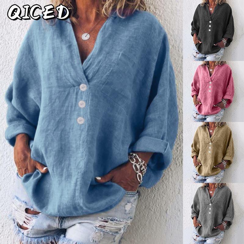 QICED Women's Fashion Casual Solid Color Print Long Sleeve V Neck Blouses & Shirts