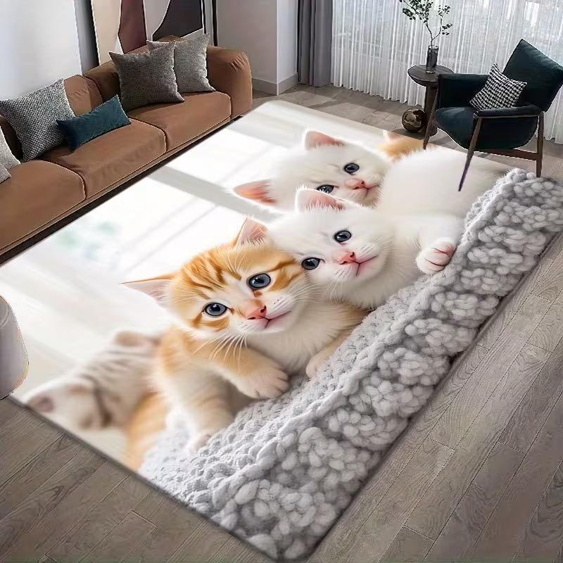 Adorable 3D Kitten Print Area Rug for Living Room Decor 2D Falt Print Cute Cat Floor Mat for Bedroom Sofa Playroom Home Decor