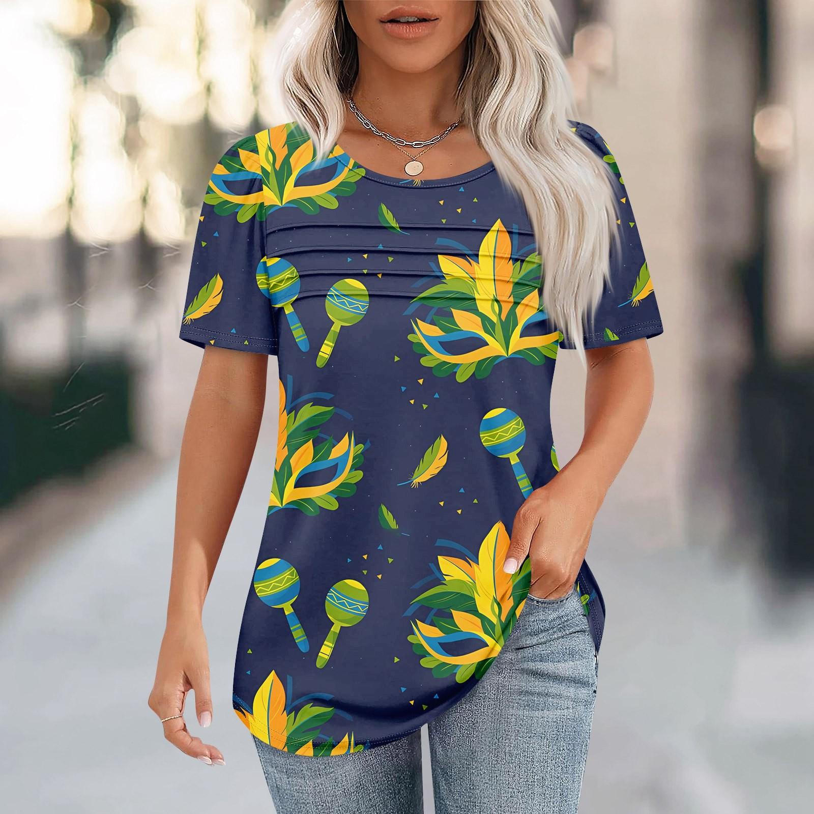 

Женский свободный топ с принтом карнавальной маски, короткими рукавами и круглым вырезом, плиссированный S тёмно-синий