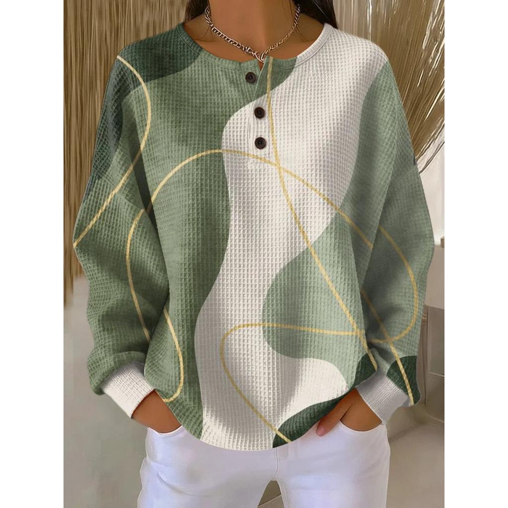 Women's Crew Neck Long Sleeve Waffle Knit Henley Top Loose Fit Casual Sweatshirt
