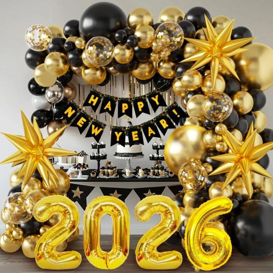 2026 New Year Decoration Black Gold Silver Latex Balloons Foil Letter Balloon Banner Set for New Years Eve Prom Party Supplies