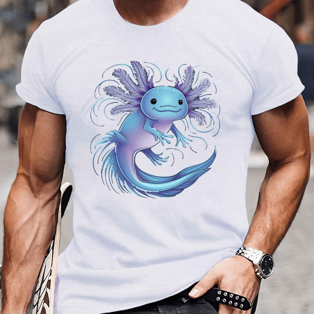 Axolotl Cartoon Graphic Tee Men Casual Crew Neck Short Sleeve TShirt