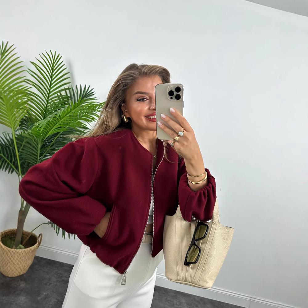 European & American Women's Soft Round Neck Bomber Jacket - New Autumn/Winter Collection