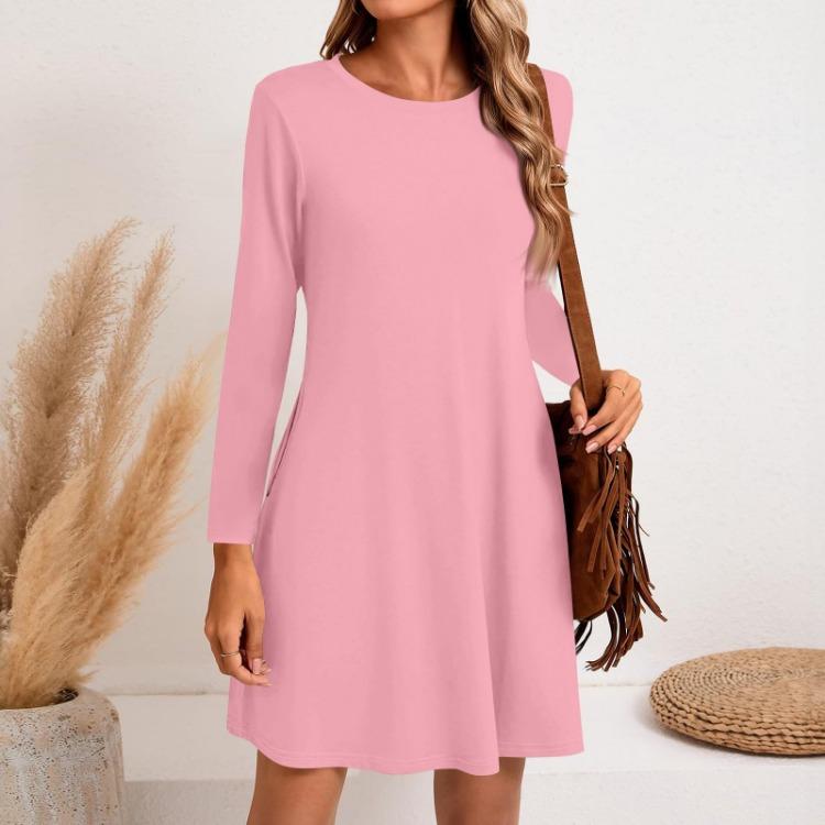 Casual Long Sleeve Side Pocket Dress Women Solid Color Round Neck Fashion