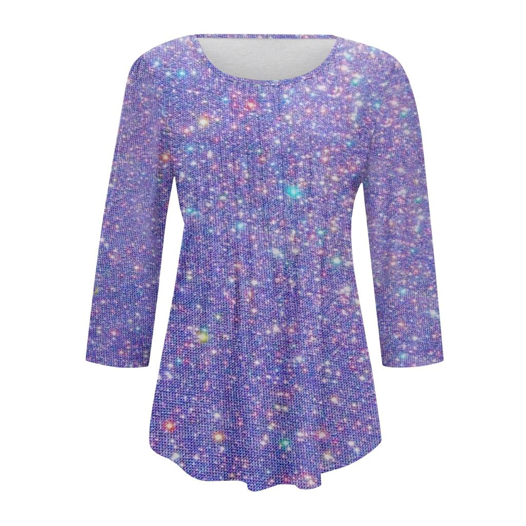 Women's Fashion Casual Floral Print Pleated Round Neck Casual Three-quarter Sleeve Spring And Summer Top