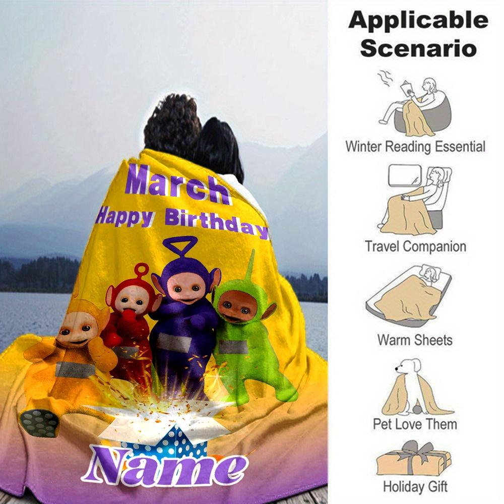 Teletubbies March Birthday Celebration Cartoon Print Blanket Personalized Name Soft Lightweight Versatile Suitable For Sofa Bed Picnic Office Car