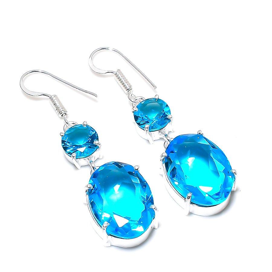 

Этнические ювелирные серьги ручной работы с синим топазом и драгоценным камнем 2,01 дюйма SR-6594