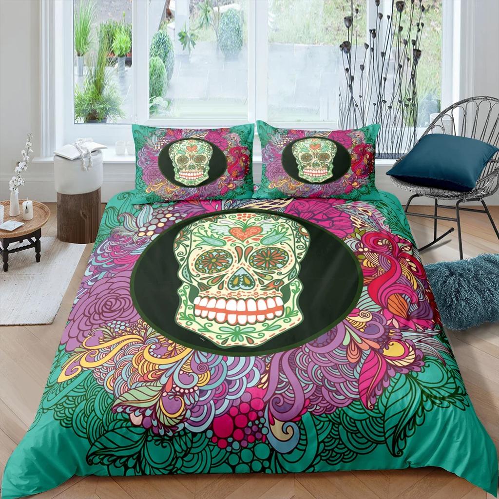 Sugar Skull Bedding Sets King Beauty Kiss Skull Duvet Cover Bed Set Bohemian Print Black Bedclothes Queen Size Bedline