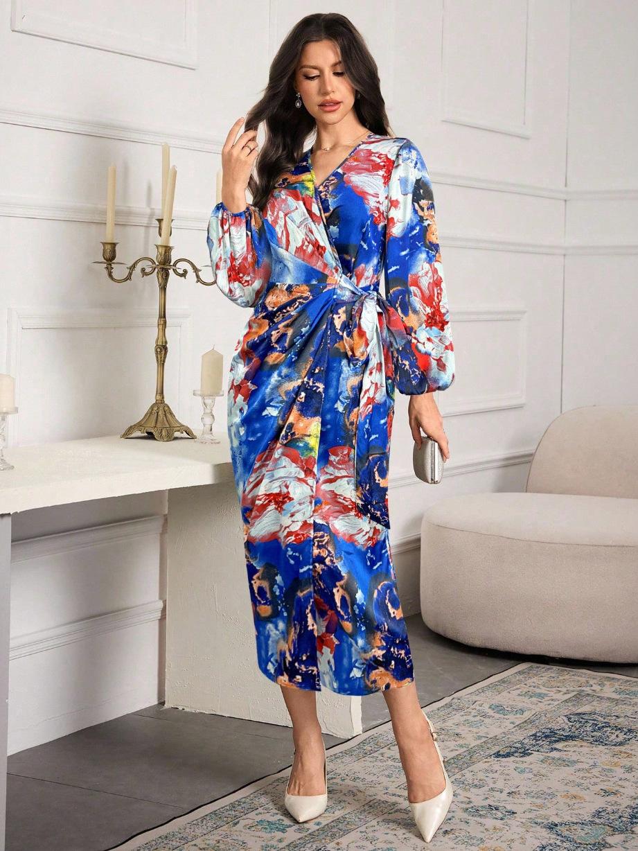 Women s Clothing Temperament Elegant Women s Clothing Printed V-neck Cardigan Lace-up Long-sleeved Dress L