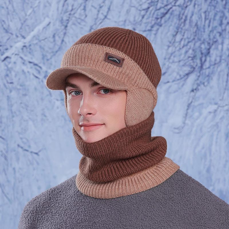 Winter hat, scarf set, outdoor velvet and cold-proof knitted wool hat, men's cycling warm ear protection pullover hat