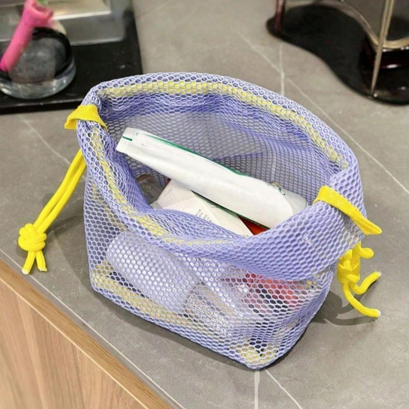 1 Piece Mesh Storage Bag, Shower Bag, Portable Mesh Drawstring Pocket,For Capacity Very Suitable For Travel And Beach Use