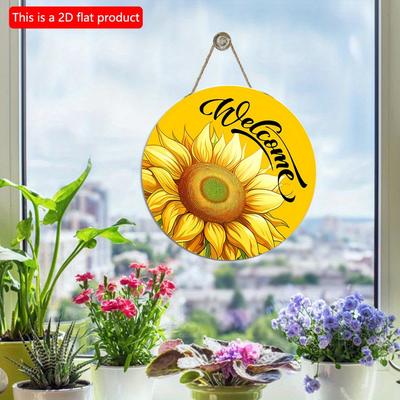 2D Flat 20*20cm1pc Welcome Yellow Bright Sunflower Pattern Door Art Decorative Plaque, Vibrant Floral Home Wooden Round Ornament for Window&garden