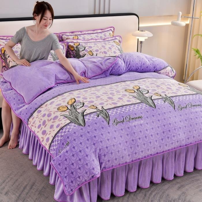 Thickened Milk Fleece Four-Piece Coral Fleece Quilt Cover, Bed Sheet Fleece Double-Sided Fleece Flannel Bedding, Bed Skirt