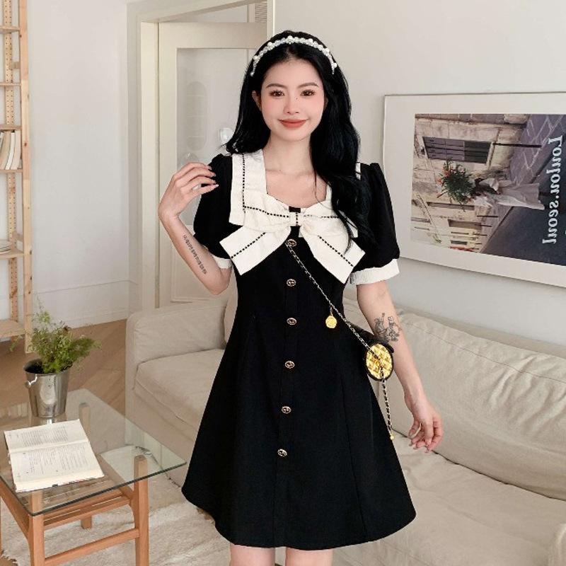 

Hepburn style square neck bow dress women s summer new black retro skirt covering meat and showing thinness long dress XXXL