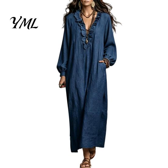 Casual Midi Dress Women Ruffle V Neck Long Dress, Loose Fit Dresses Solid Color Sleeves for Spring Autumn