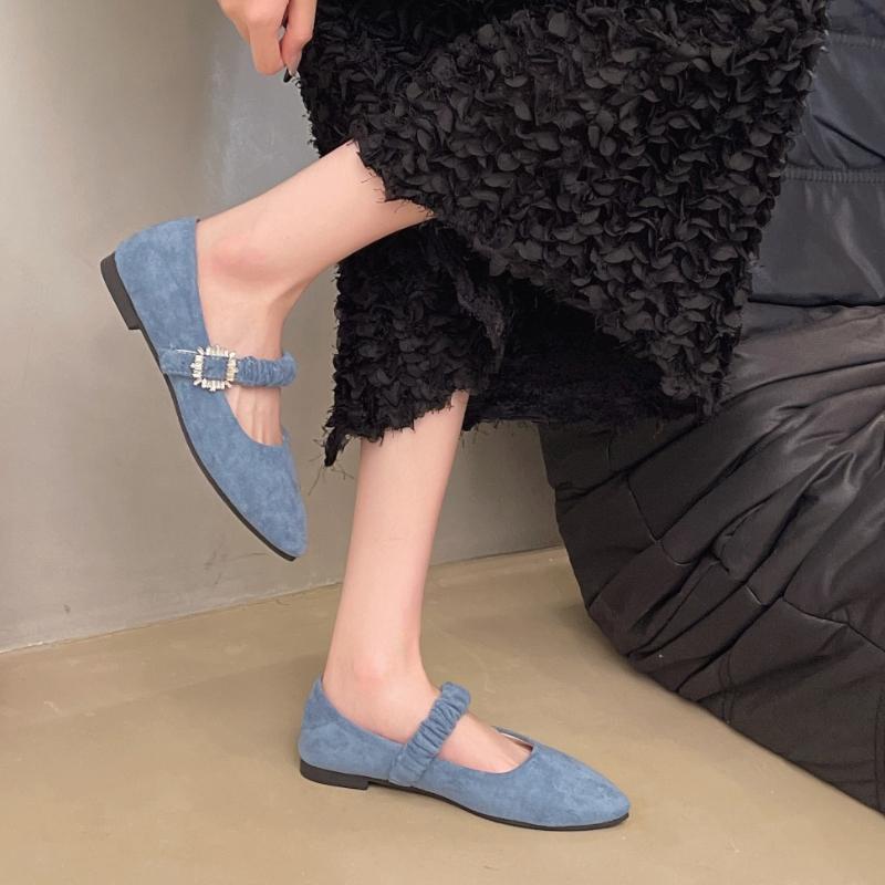 

Мода 2025 Новые Весенние Осенние Балетки Замшевые Однотонные Квадратный Носок Туфли Мэри Джейн Пряжка со Стразами Темпераментные Балетки Мокасины 35 синий