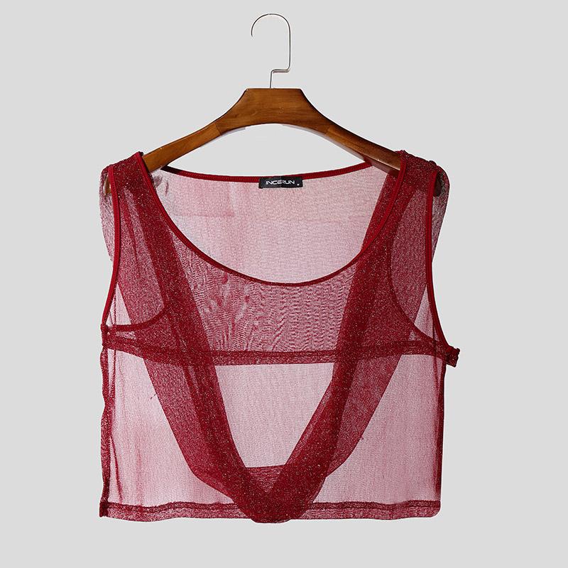 INCERUN Men Sleeveless Glitter Mesh See Through Cropped Hooded Tank Tops Partywear