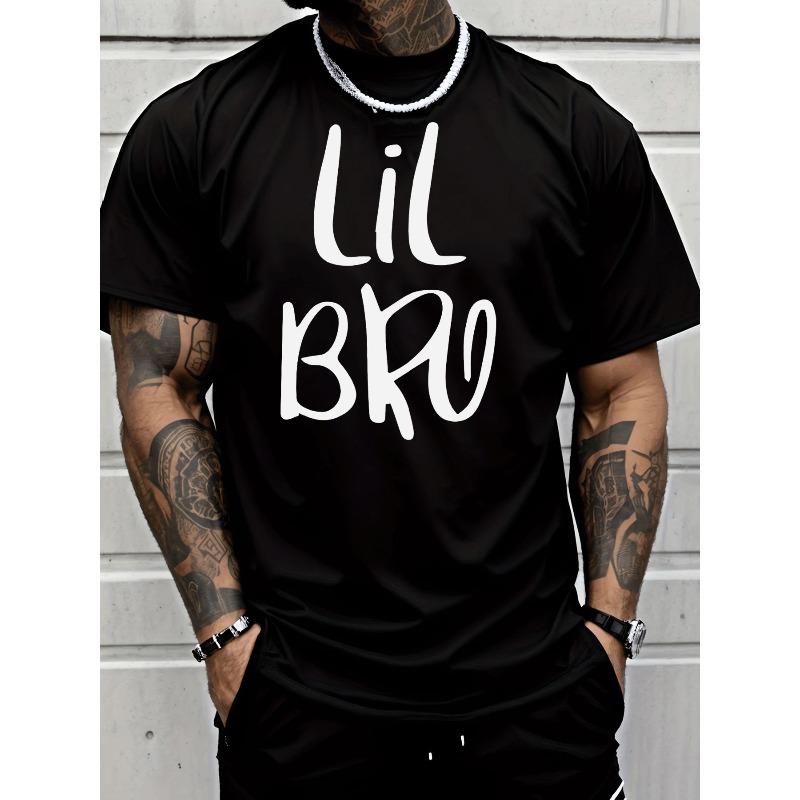 

Men s Lil Bro Graphic T-Shirt - Short Sleeve Round Neck Tee with Handwritten White Letter Print, Breathable & Moisture-Wicking, All-Season Fit for Gym 4XL