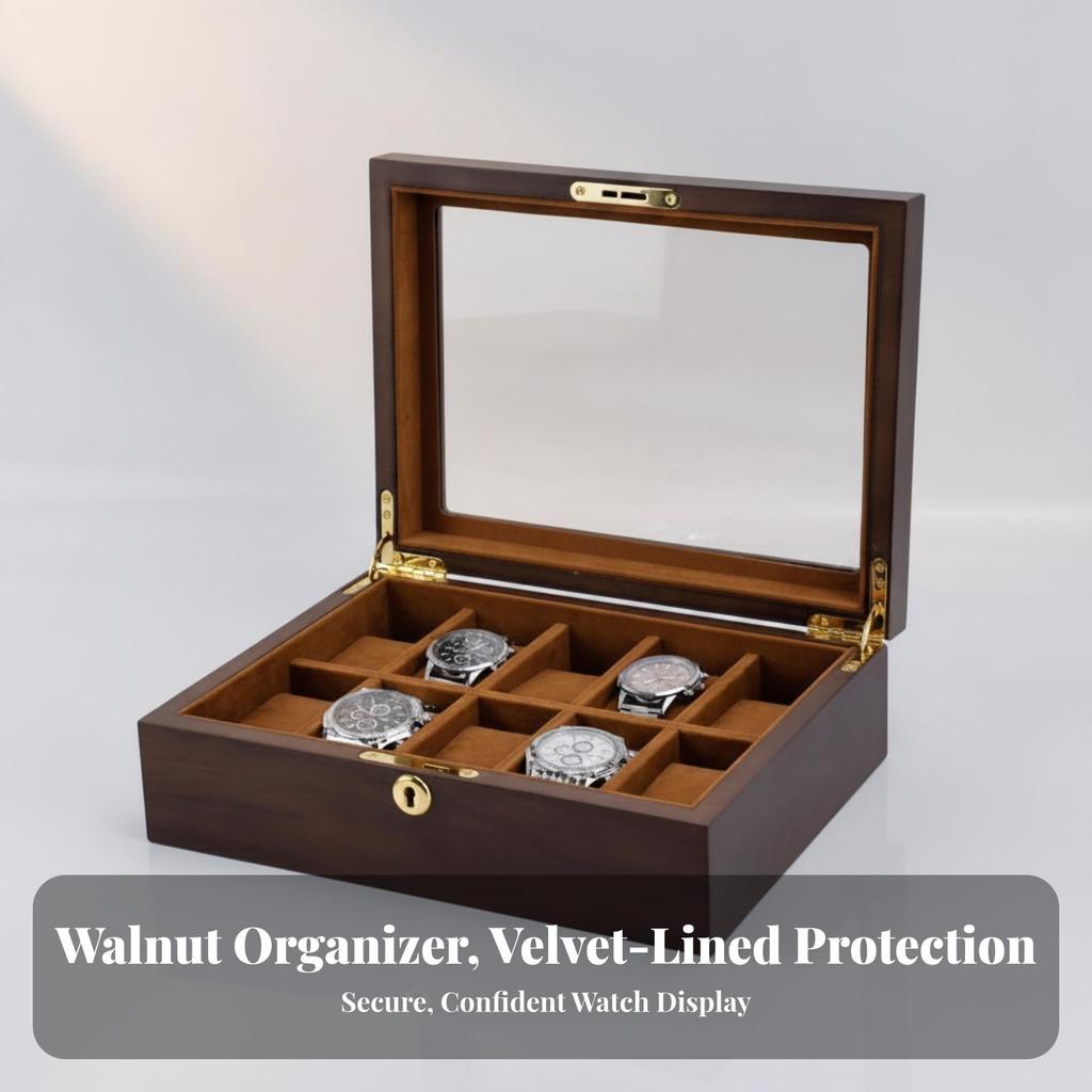 Soft Lining Watch Storage Box with Glass Lid Compartmented Display Case
