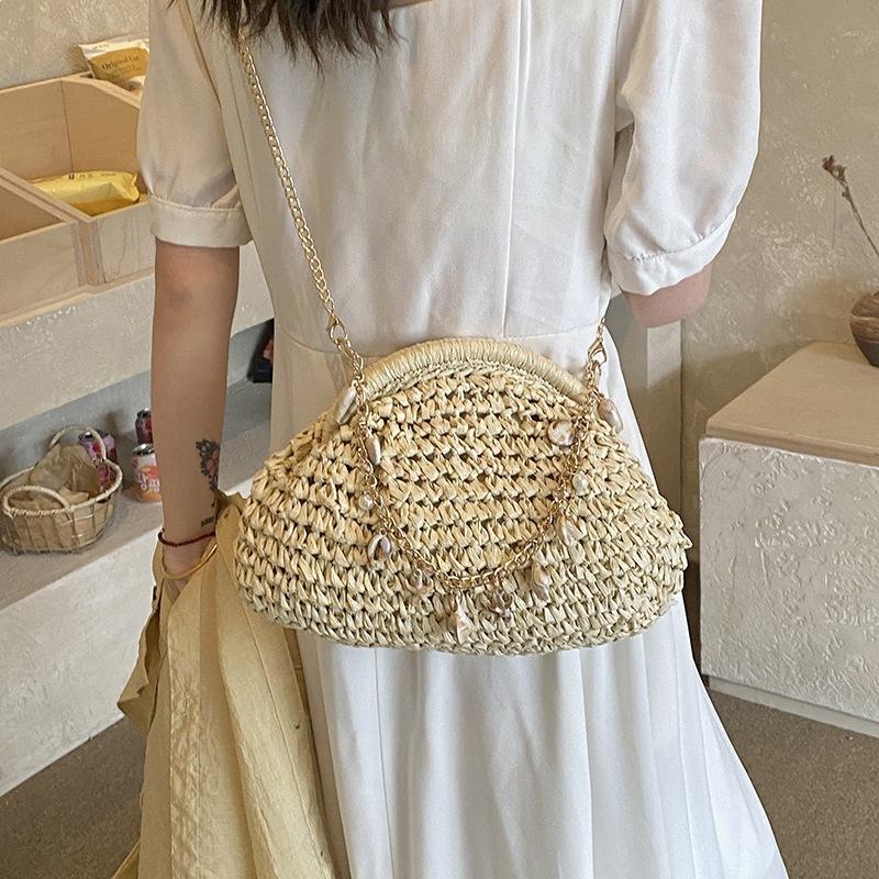 French Style Niche Woven Shell Bag, Women's New Trendy Fashion Chain, Single Shoulder Crossbody Bag, Beach Grass Woven Bag