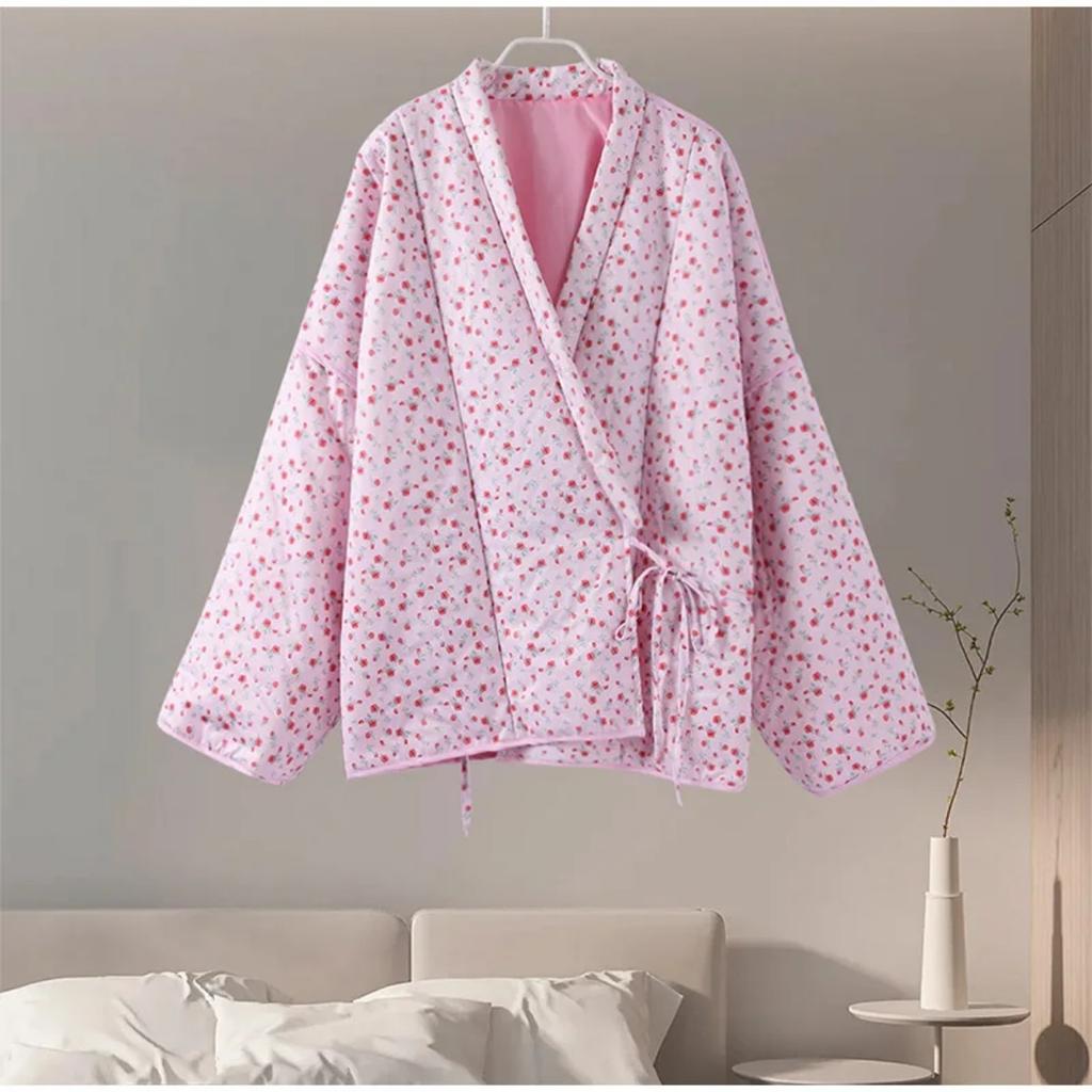 VAYLA Floral Printed Women's Cardigan Cute Lace up Pink Women Coat Casual Loose Autumn Warm Coats Fashion New Ladies Coats Outerwear