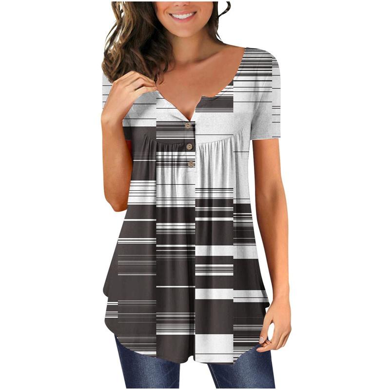 Summer Women's Short Sleeve Floral 3D Printed Buttons T Shirt Ladies Plus Size Top