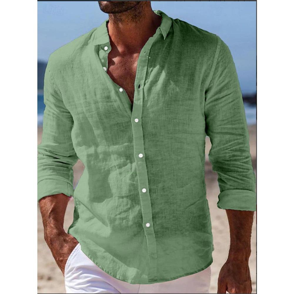 Herrenhemden Frühling/Sommerhemden Strandbekleidung Button-Down-Hemden Einfarbig Urlaubs-Casual Langarm mit Kragen