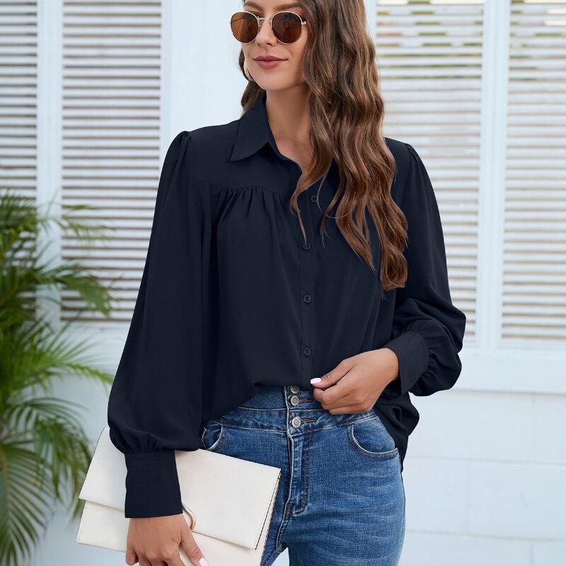 Lantern Sleeve Chiffon Shirt Women Casual Loose White Blouse Ladies Pleated Solid Tops Fashion Womens Clothing 2026 Blusa 24751