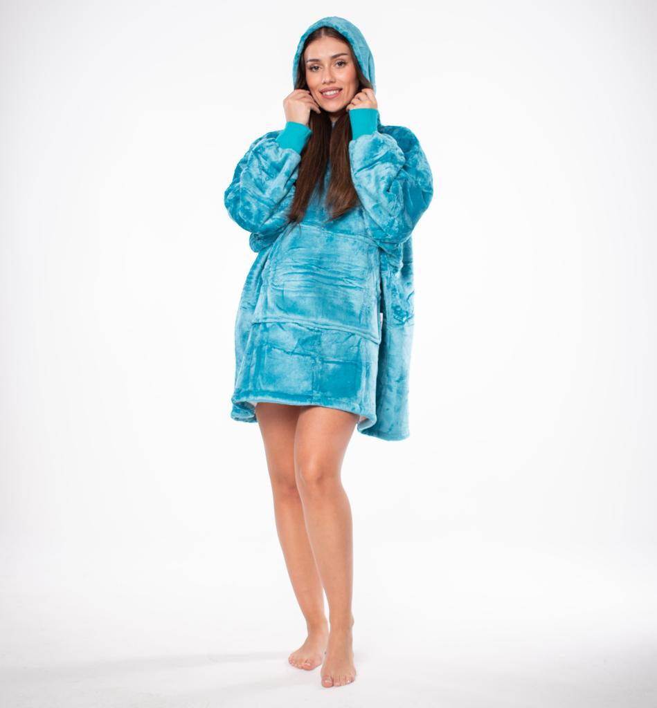 Bluza koc kocobluza 2w1 oversize xxl z kapturem gruba sherpa niebieska