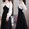 2026 Chic Retro Grote Matten Patchwork Kleurblok Midi Jurk voor Dames - Hoge Taille Slankmakend Moederkleding