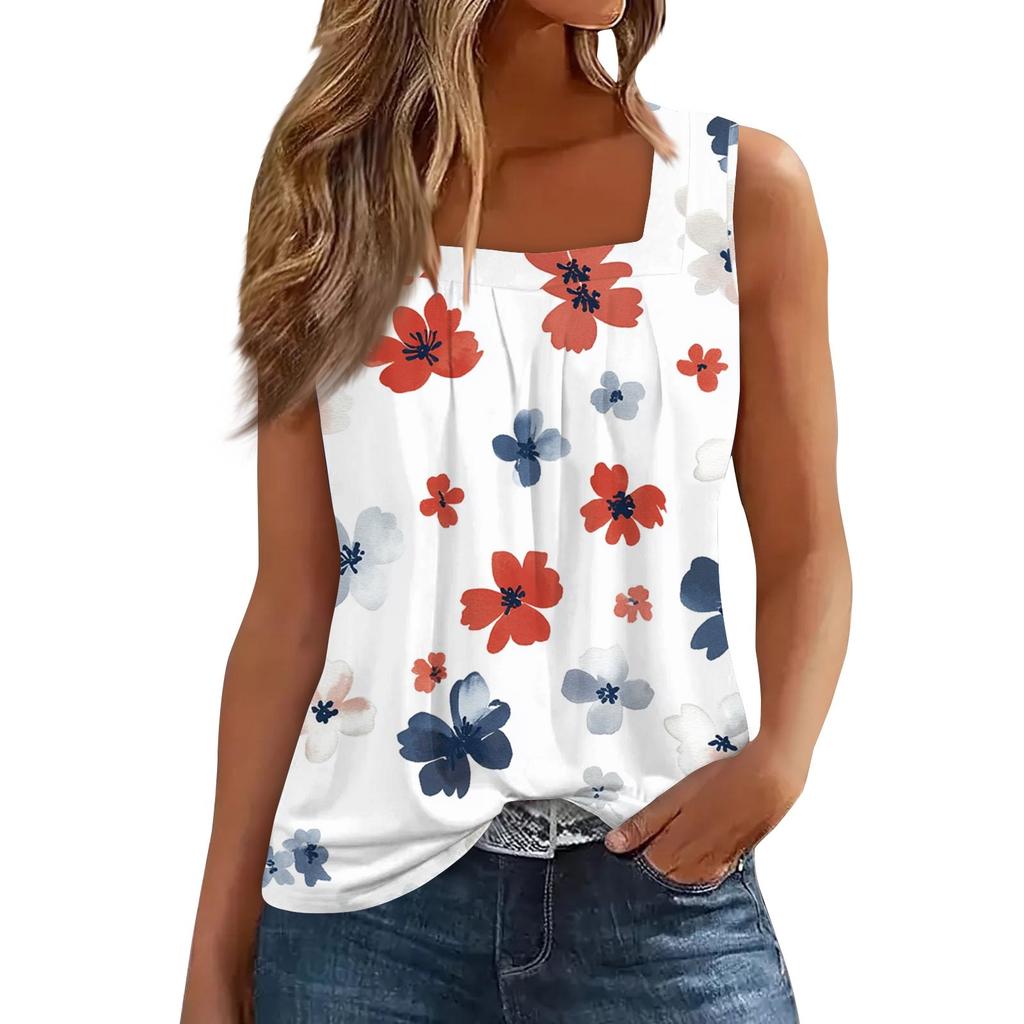 Women's Pleated Square Collar Sleeveless Vest Print T-shirt