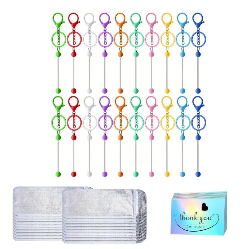

60 Pcs Keychain Making Set with Metal Beadable Rods Resealable Bags and Thank You Cards for Craft Lovers Daily Use 1