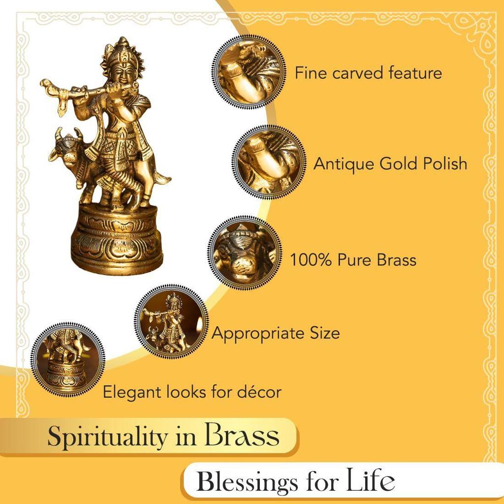 Ekhasa 100% Pure Brass Lord Krishna Idol with Flute | Shree Lord Krishna Statue for Home Decor