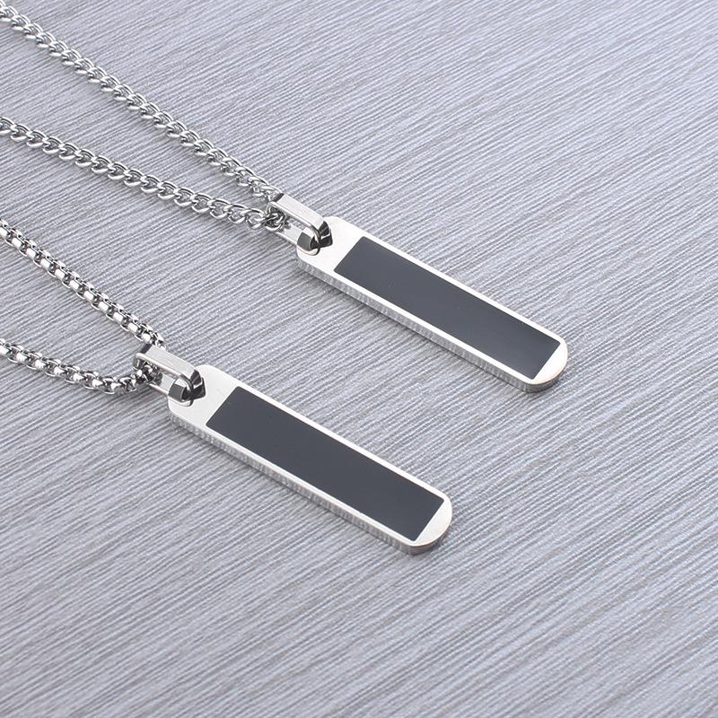 Men's Striped Square Pendant Necklace - Personalized Polished Stainless Steel Sweater Chain Jewelry
