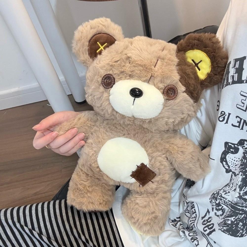 Soft Bear Plush Toy Patchwork Bear Stuffed Doll Kawaii Button Bear Plush Doll Birthday Gifts