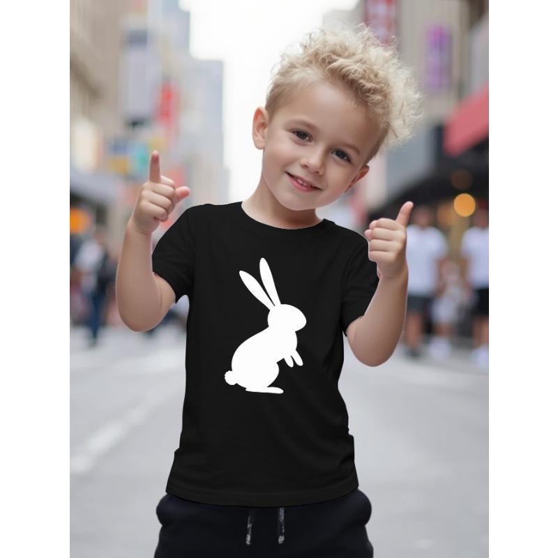 European Size Boys Round-neck Short-sleeved T-shirt with Black Rabbit Pattern Print