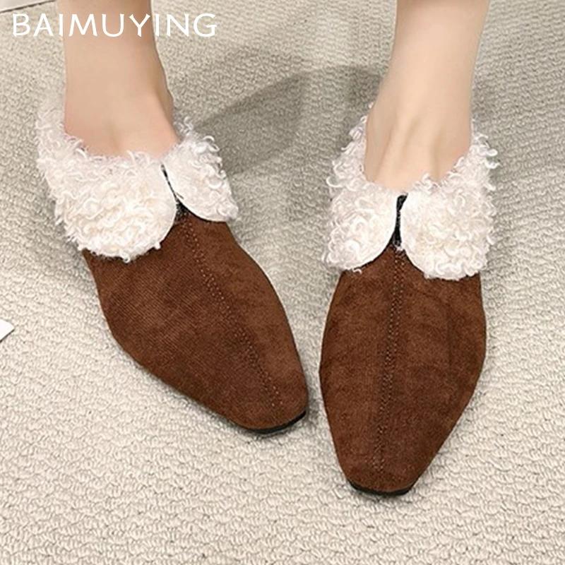 Dámské bavlněné pantofle s kožešinou a čtvercovou špičkou, semišové boty na nízkém podpatku, podzimní boty slingback pro ženy, módní trend 2025, dámské boty