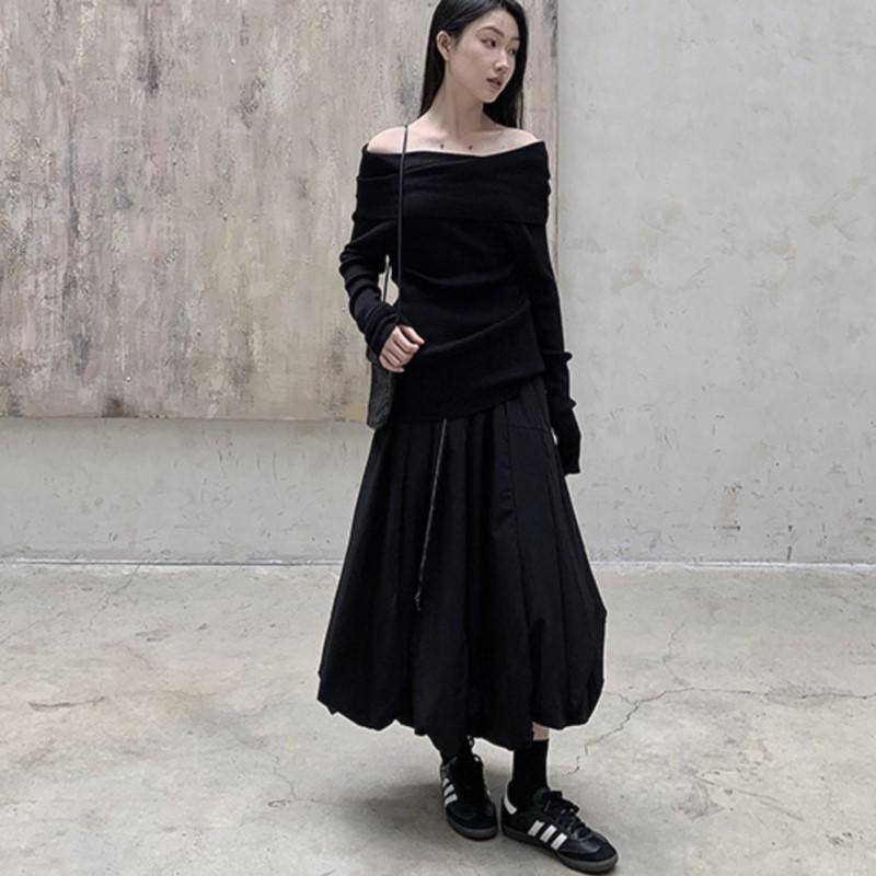 Johnature Gonna Nera Larga a Bolle Casual Semplice da Donna con Vita Elastica Autunno Inverno