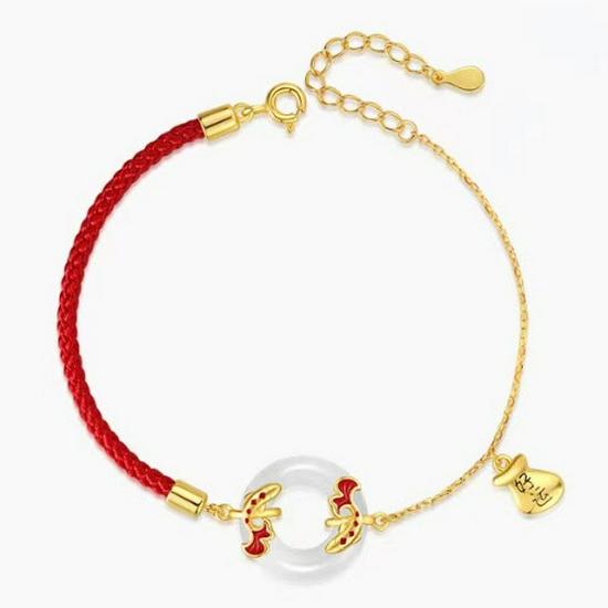 Koi & Hetian Jade Ping'an Buckle Bracelet: 2024 Stylish Red Rope with Auspicious Symbol, Perfect Gift for Women.