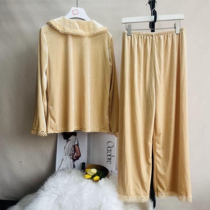 Langarmshirt und Hose 2-teiliger Pyjama für Herbst und Winter für Damen, Samt, Nachtwäsche, Loungewear, Heimkleidung, einfarbig
