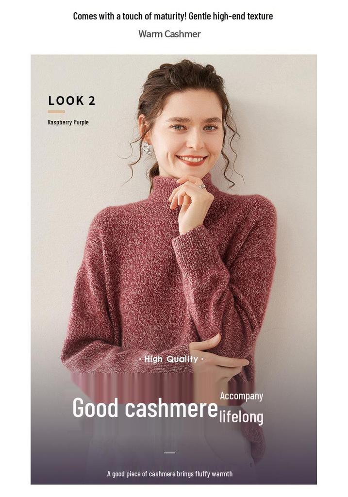 Women's Heathered Cashmere Sweater - High Neck, Raglan Sleeves, Soft & Skin-Friendly, Loose Knitwear