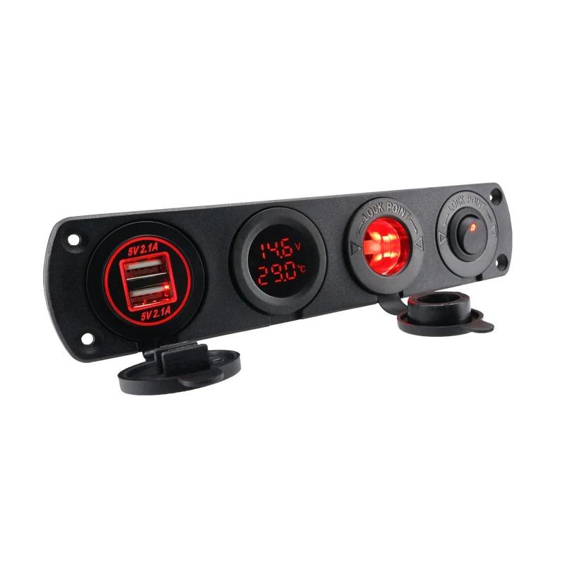 4 In 1 Panel 12v 4.2A Dual Usb Car Charger Socket Splitter Adapter Waterproof Thermometer Voltmeter Toggle Switch For Car Yacht