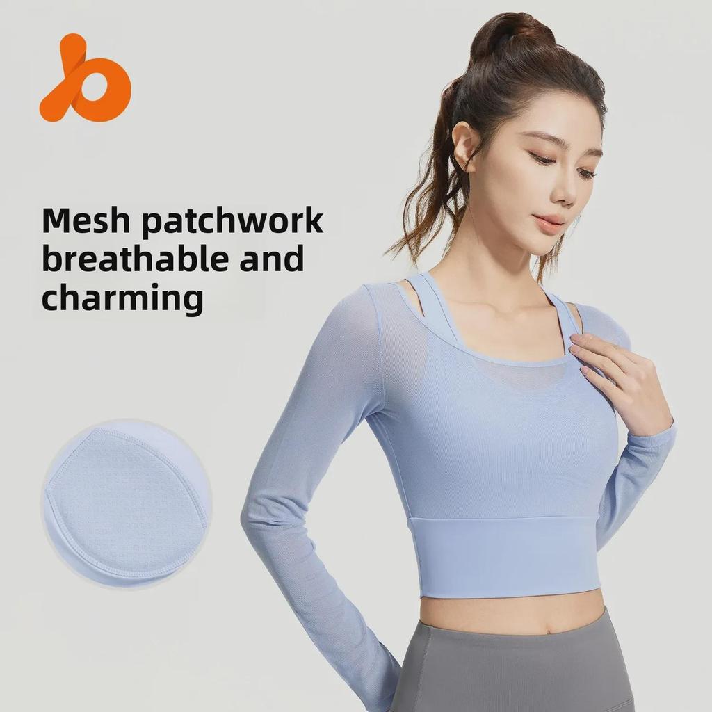 Juyitang Mesh Two-Piece Look Yoga Top, Long Sleeve, No Bra