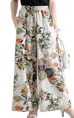 Sawa La Mode Natural Cotton Pants with a Blooming Flower Floral and Botanical Long Free Á Women's Wide-leg Pattern. Print. Pants. Size. (mode-7896)