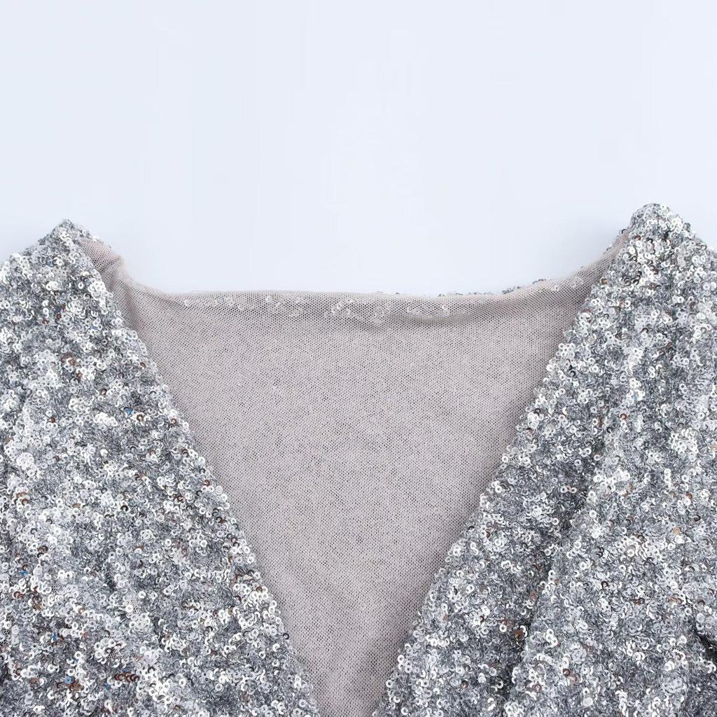 Slim-Fit Sequin V-Neck Long-Sleeve Retro Jumpsuit for Women