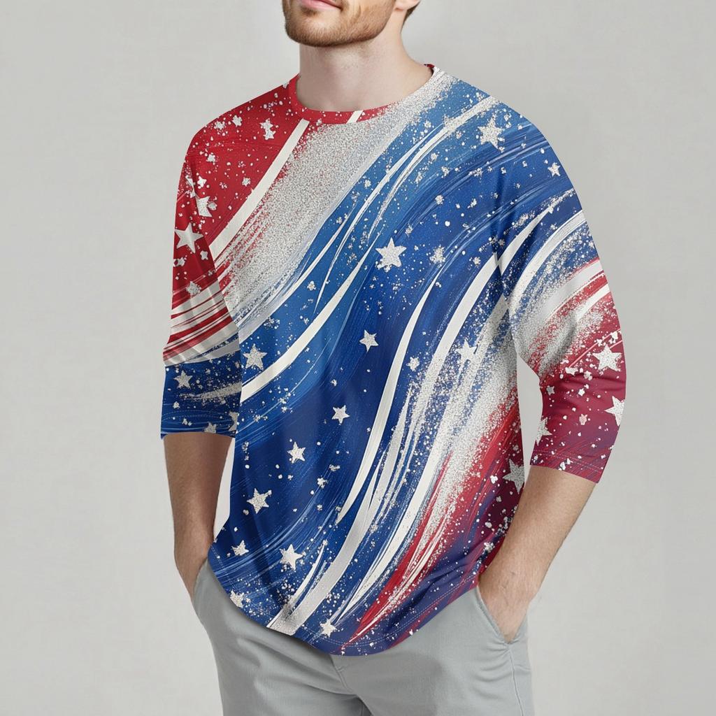 Herrenmode Lässiges T-Shirt mit Unabhängigkeitstag-Print am Hals und sieben Ärmeln